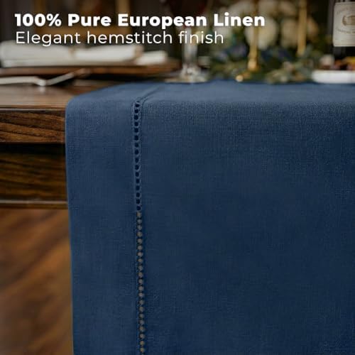 Signature Linen™ by D'Moksha, Navy Blue Table Runner 48 Inches, 100% Pure Linen, Hemstitch, Coffee Table Runner, 14 x 48 Inch for Dresser Tables- Fall, Weddings, Outdoor Hosting - Image 3