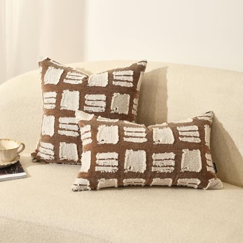Boho Throw Pillow Covers 18x18, Brown White Abstract Grid Pillowcases, Decorative Pillows Cushion Cases for Sofa Bed Living Room - Image 2
