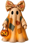 Lighted Vintage Patchwork Ghost Halloween Decor with Light-Up Pumpkin Pail, Tabletop Figurine for Mantel Shelf Entryway (1PC) by Lifmagic