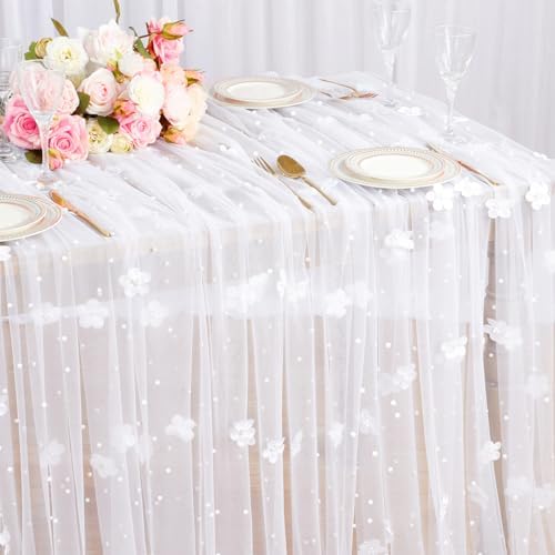 10 Pack White Floral Pearl Tulle Tablecloths 10ft Sheer Table Overlays - Image 3