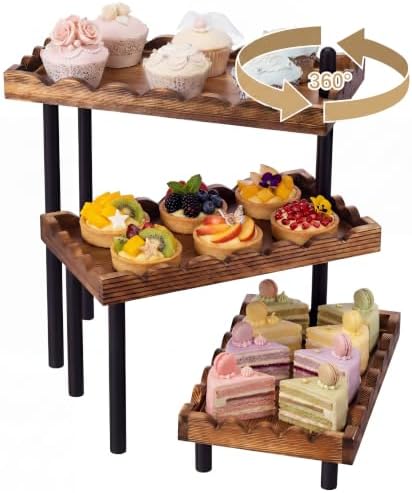 3 Tier Serving Tray & Wood Display Risers for Party,Rotatable Cupcake Stand by Tiangrid
