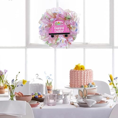 Easter Wreaths for Front Door with Lights,Easter Door Wreath,Easter Mesh Wreath,Bunny Spring Colorful Easter Decorations Holiday Ornament for Home Indoor Outdoor Supplies (Pink Car) - Image 2
