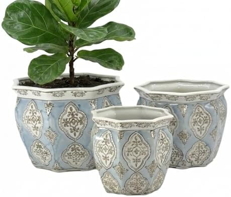 Galt International Light Blue & White Round Fluted Floral Porcelain Ceramic Plant Flower Planter Pot Set of 3 (7.5", 10", 13") Garden Pots Chinese Asian Design - Image 4