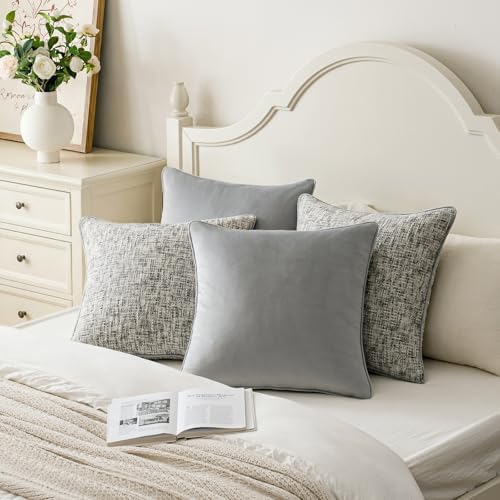 a moment Grey 4 Pack Throw Pillow Covers - Chenille & Velvet Set with Piping, Farmhouse Textured Design Pillow Cases for Couch Sofa Bed Livingroom (20x20 Inch, No Insert) - Image 5