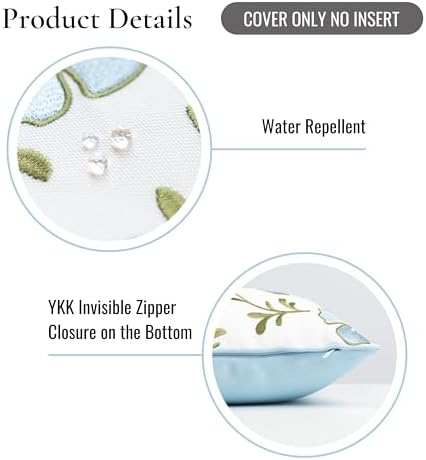 Hofdeco Premium Coastal Patio Indoor Outdoor Throw Pillow Cover Only, 18"x18" Water Repellent for Backyard, Couch, Baby Blue Green Embroidered Hibiscus Floral with Piping (Pack of 2) - Image 5