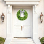 Vlorart 28" Faux Round Boxwood Wreath, Artificial Large Boxwood Wreath Front Door Wreaths Artificial Spring Summer Greenery Hanging with A Plaid Bow for Villa Wall Hanging Window Wedding Party Decor - Image 2