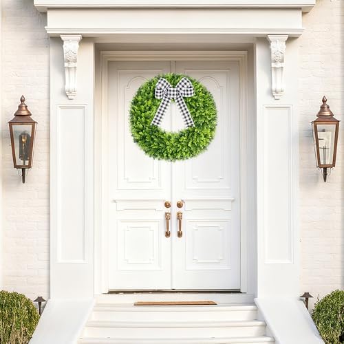 Vlorart 28" Faux Round Boxwood Wreath, Artificial Large Boxwood Wreath Front Door Wreaths Artificial Spring Summer Greenery Hanging with A Plaid Bow for Villa Wall Hanging Window Wedding Party Decor - Image 2