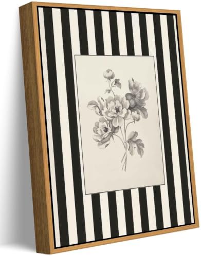 Yellow Framed Stripes Flower Canvas Wall Art Large Black White Striped Floral Painting Decor Pictures Vintage Sketch Plant Orchid Bedroom Living Posters Prints for Corridor Kitchen Room Decoration by JUZKNMCWallArtwelcomesyou