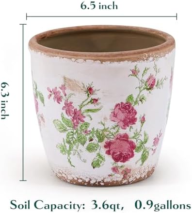 Vintage Ceramic Planter with Drainage Hole, Plastic Tray & Mesh, 6.5 Inch - Indoor/Outdoor Flower Pot, Pink Floral Rustic Farmhouse Design Plant pot for Home, Office & Garden Décor, Ideal Gift - Image 5