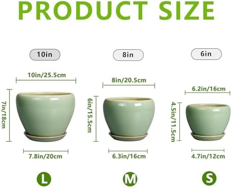 Ceramic Pots for Plants, 10/8/6 Inch Flower Pots Indoor, Green - Image 3