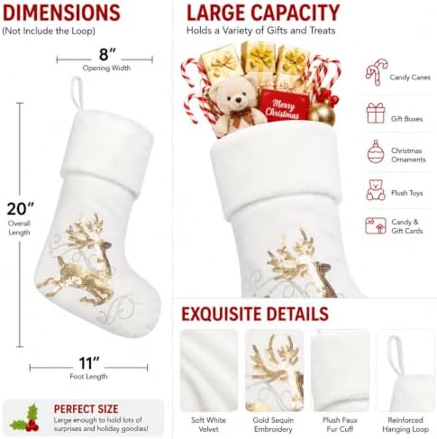 Large White Velvet Christmas Stockings Set of 6 with Gold Embroidery - Image 2