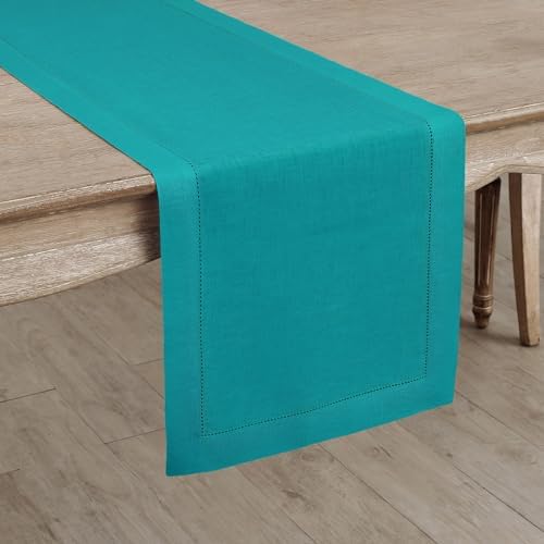 Solino Home 100% Pure Linen Table Runner Teal Hemstitch, 14 x 144 in - Image 2