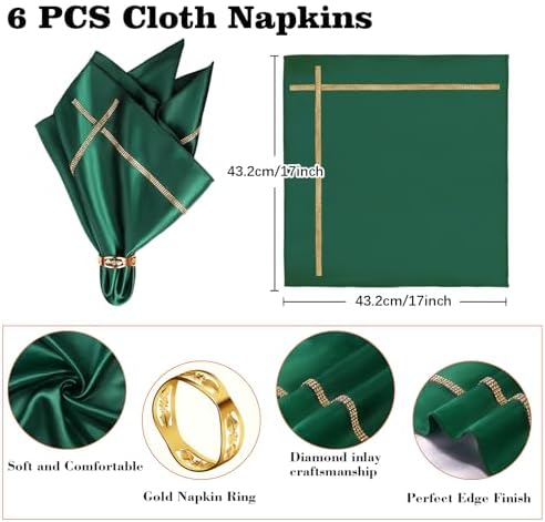 VIJIV 12 Pack Bling Satin Cloth Napkins & Gold Napkin Rings Set of 6 Green - Image 4