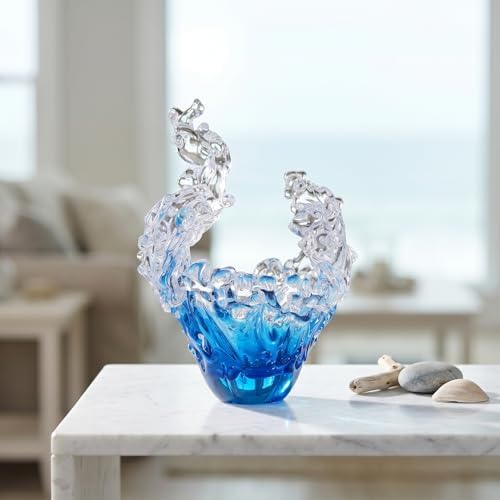 suruim Hand Blown Glass Wave Sculpture Figurines Blue and Clear Art Glass Bowl for Home Decor, Sea Glass Figurine, Nautical Sea Glass Decorations, Multipurpose Storage for Keys, Jewelry, Candy - Image 2