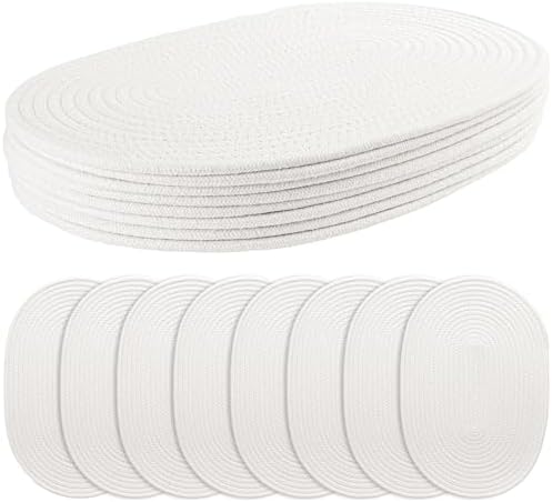Oval Woven Placemats Set of 8 Heat Resistant Placemats 17 x 12 Inches Farmhouse Cotton Rope Place Mats for Dining Tables Trivets for Hot Dishes, White by Aertiavty