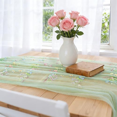 BINBE 12pcs Sage Green Florals Table Runner Embroidery Gauze 10FT Daisy Seasonal Tulle Birthday Wedding Holiday Kitchen Dining Table Decor for Home Party - Image 4