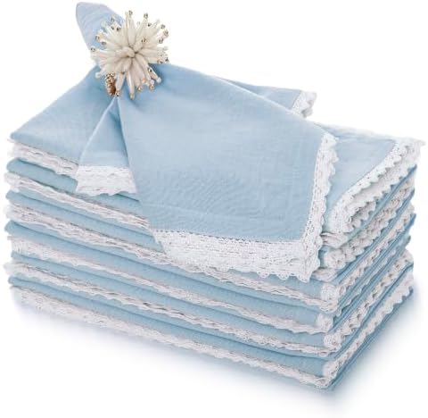 FINGERCRAFT Lace Cloth Napkins, Cotton Linen, 12 Pack, 20x20 Inch, Sky Blue by FINGERCRAFT