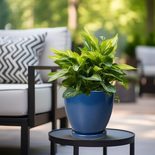 Ceramic Plant Pot - 8 Inch Planter for Indoor Outdoor Plants, Round Flower Pots with Drainage and Tray, Home Office Decor, Blue - Image 5