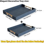 Modern Decorative Tray Set of 2, Blue Shagreen Leather Tray, Rectangle Serving Trays with Gold Polished Metal Handles, Ottoman Trays Coffee Table Perfume Kitchen Home Decor - Image 2