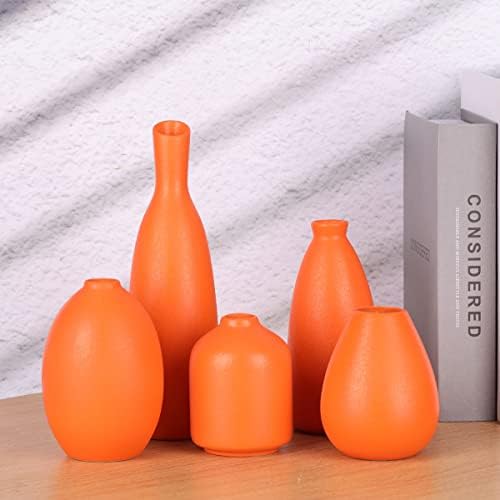 Orange Ceramic Small Vase Set of 5 - Modern Orange Decor Small Bud Vases for Floral Arrangements, Centerpieces for Weddings, Dinner Parties, Table Settings, Foyer, Bathroom Decorations - Image 3