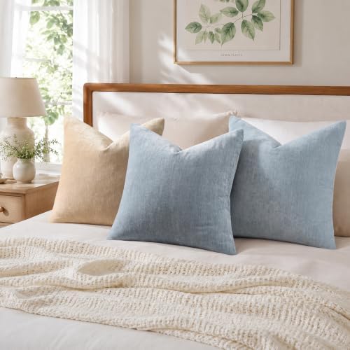 decorUhome Fall Chenille Light Blue Throw Pillow Covers 26x26 Inch Set of 2, Decorative Soft Couch Pillow Covers Solid Dyed Accent Euro Sham Farmhouse Neutral Square Pillow Cases for Sofa - Image 4