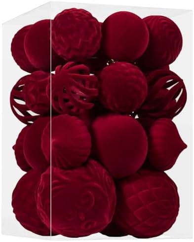 30pcs Velvet Christmas Ball Ornaments, Flocked Shatterproof Christmas Ornaments Hanging Xmas Tree Decorations Set for Home Party Holiday Decor (Multi-Size, Burgundy) by Unknown