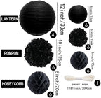 WOLHOWLTD Black Paper Decoration Set - 34 Pcs Paper Lanterns, Pompoms, Honeycomb for Wedding,Harvest, Halloween,School Day,Bridal Shower, Scary Birthday Party Classroom,Home Decoration (Black) - Image 2