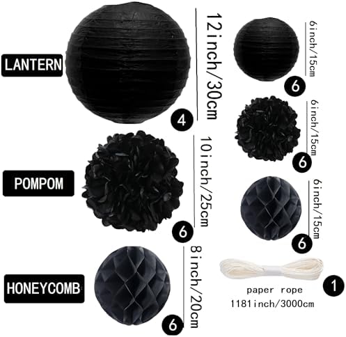 WOLHOWLTD Black Paper Decoration Set - 34 Pcs Paper Lanterns, Pompoms, Honeycomb for Wedding,Harvest, Halloween,School Day,Bridal Shower, Scary Birthday Party Classroom,Home Decoration (Black) - Image 2