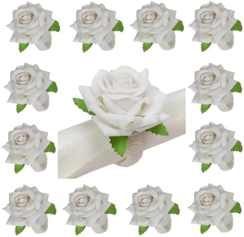 Napkin Rings,48 Pcs Artificial Rose Napkin Holders Flower Napkin Buckles for Wedding Baby Shower Valentine's Party Home Kitchen Dinner Table Decoration (White, Standard Size) by LXKBD