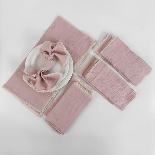 FINGERCRAFT Lace Cloth Napkin, Cotton Gauze, Set of 12, 20x20 in,Peach Wipe - Image 3