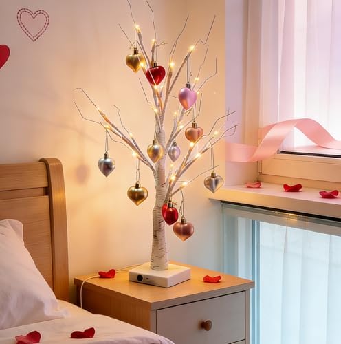 2Pack Valentines Day Decor Lighted Birch Tree with Heart-Shaped Ornaments,USB&Battery Operated Light Up Artificial Tree for Home Indoor Party Valentines Day Decorations (Warm White) - Image 3
