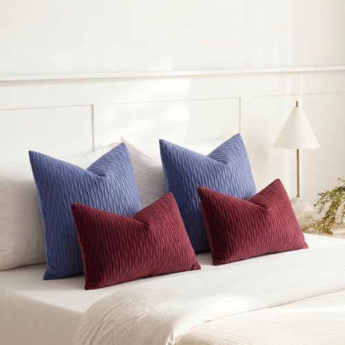 DEZENE 24x24 Blue Throw Pillow Covers: Pack of 2 Vertical Ripple Striped Velvet Square Decorative Pillow Cases for Farmhouse Couch Sofa Bed Living Room Home Decor - Image 6