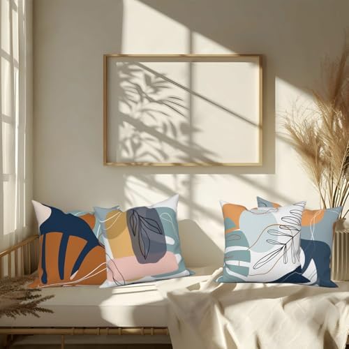 Abstract Palm Leaves Pillow Covers 24''x24'' Set of 4, Modern Geometric Line Pattern Cushion Covers Decorative Tropical Print Pillow Cases for Couch Sofa Bedroom Farmhouse Garden Patio - Image 4