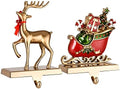 Set of 2 Reindeer and Sleigh Christmas Stocking Holder for Fireplace Metal Christmas Stocking Hangers for Mantle Stocking Hooks for Fireplace Free Standing Xmas Mantel Decor (Antique Gold Reindeer) by Yuokwer