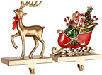 Set of 2 Reindeer and Sleigh Christmas Stocking Holder for Fireplace Metal Christmas Stocking Hangers for Mantle Stocking Hooks for Fireplace Free Standing Xmas Mantel Decor (Antique Gold Reindeer) by Yuokwer