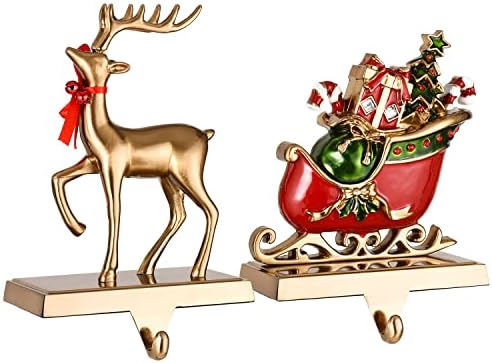 Set of 2 Reindeer and Sleigh Christmas Stocking Holder for Fireplace Metal Christmas Stocking Hangers for Mantle Stocking Hooks for Fireplace Free Standing Xmas Mantel Decor (Antique Gold Reindeer) by Yuokwer