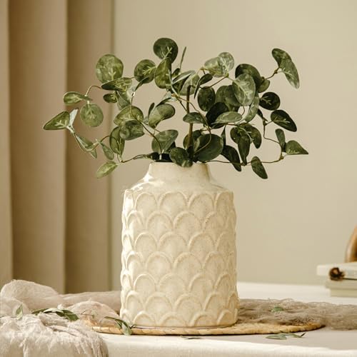 Ceramic Flower Vase, 7.28” Rustic Farmhouse Decorative Vase for Home Decor, Beige Textured Pottery Vase for Pampas Grass, Living Room, Entryway, Mantel, Kitchen Table, Centerpiece by SUREYUESI