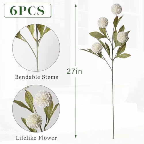 6Pcs 27"Artificial Pompon Mum Stems Silk Flowers for Vase Decor(Cream) - Image 6
