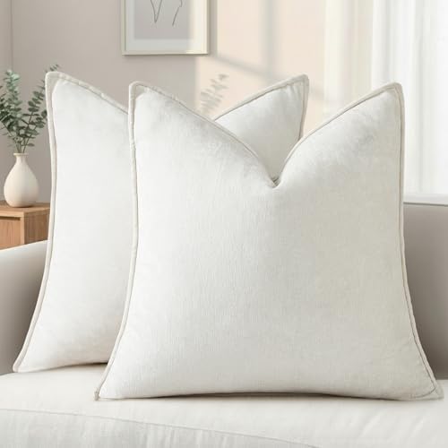decorUhome Chenille Cream White Velvet Throw Pillow Covers 24x24 Set of 2 by decorUhome