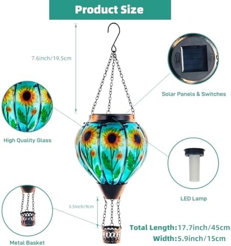 Starsoul 2 PC Sunflowers Hot Air Balloon Solar Lantern with Flame Glass Hanging Outdoor Hot Air Balloon Solar Light Waterproof Garden Patio Yard Party Decorations - Image 4