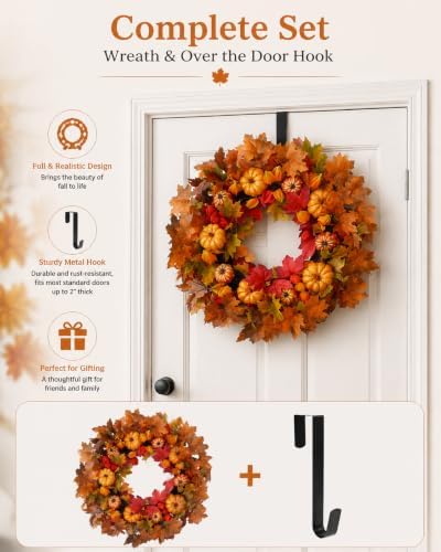 24 Inch Thanksgiving Fall Wreath, Autumn Wreaths for Front Door Halloween Wreath with Pumpkin Red Lantern Fruit Maple Leaves for Home Outside Indoor Wall Window Festival Fall Decorations - Image 4