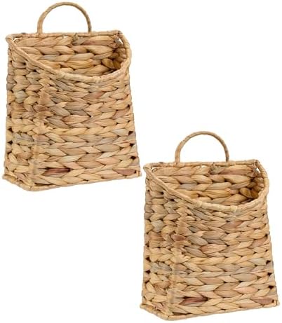 Set of 2 Water Hyacinth Hand Woven Basket, Wicker Hanging Wall Basket, handmade Decor & Storage Organizer for Entryway, Bathroom, Living Room, Farmhouse, and Front Door, 8.7 x 4.7 x 11.4 inch by PINXIURY