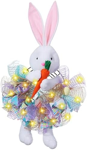Easter Wreaths for Front Door with Lights,Easter Door Wreath,Easter Mesh Wreath,Bunny Spring Colorful Easter Decorations Holiday Ornament for Home Indoor Outdoor Supplies (Blue Bunny) by YOUDRN