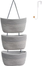 Over the Door Hanging Basket for Organizing 3 Tiers Woven Cotton Rope Wall Mount Storage basket Decorative Kitchen Hanging Organizer Bathroom include 1 door hook GrayStripe by ililmmoe