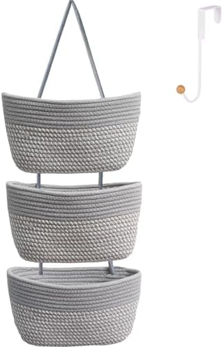 Over the Door Hanging Basket for Organizing 3 Tiers Woven Cotton Rope Wall Mount Storage basket Decorative Kitchen Hanging Organizer Bathroom include 1 door hook GrayStripe by ililmmoe