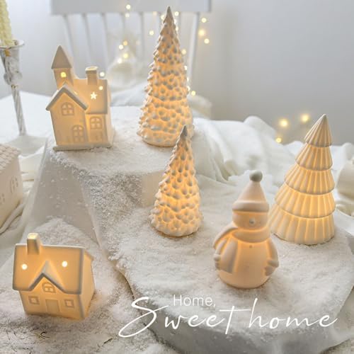 Ceramic Christmas Village Houses with Light, White Porcelain House Figurine, Rustic Decor for Home Table Bookshelf,Large Christmas Tree - Image 4