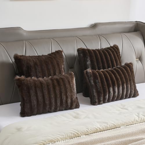 FUTEI Pack of 2 Faux Mink Fur Throw Pillow Covers 20x20 Inch, Dark Coffee - Image 6