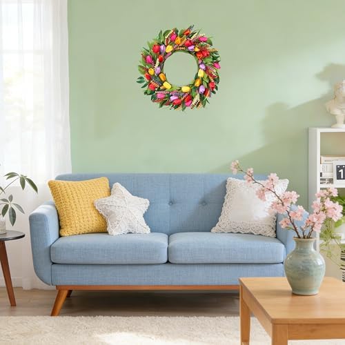 Spring Wreath 22 Inch Artificial Summer Wreaths Tulip Wreath for Front Door with Yellow Tulip Eucalyptus Leaves purple Lavender for Mother's Day Indoor Wall Festival Farmhouse Wedding Decor - Image 6