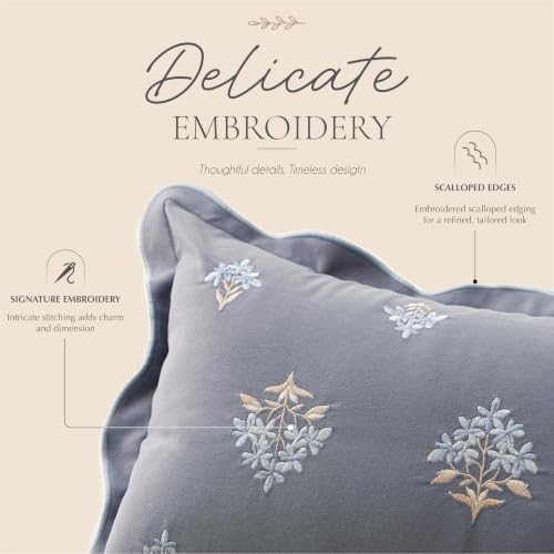 BlissBlush Long Lumbar Pillow Cover 14x36 for Bed, Coastal Blue Velvet Decorative Lumbar Pillow Cover with Scallope Edge, Dusty Blue Floral Embroidery Accent Cushion Cover for Couch Sofa, Cover ONLY - Image 2