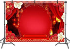 12x8ft Happy Chinese New Year Backdrop Red Curtain Flowers Lantern Photography Background for Family Happy New Year Chinese Theme Party Photo Studio Props Polyester by DASHAN